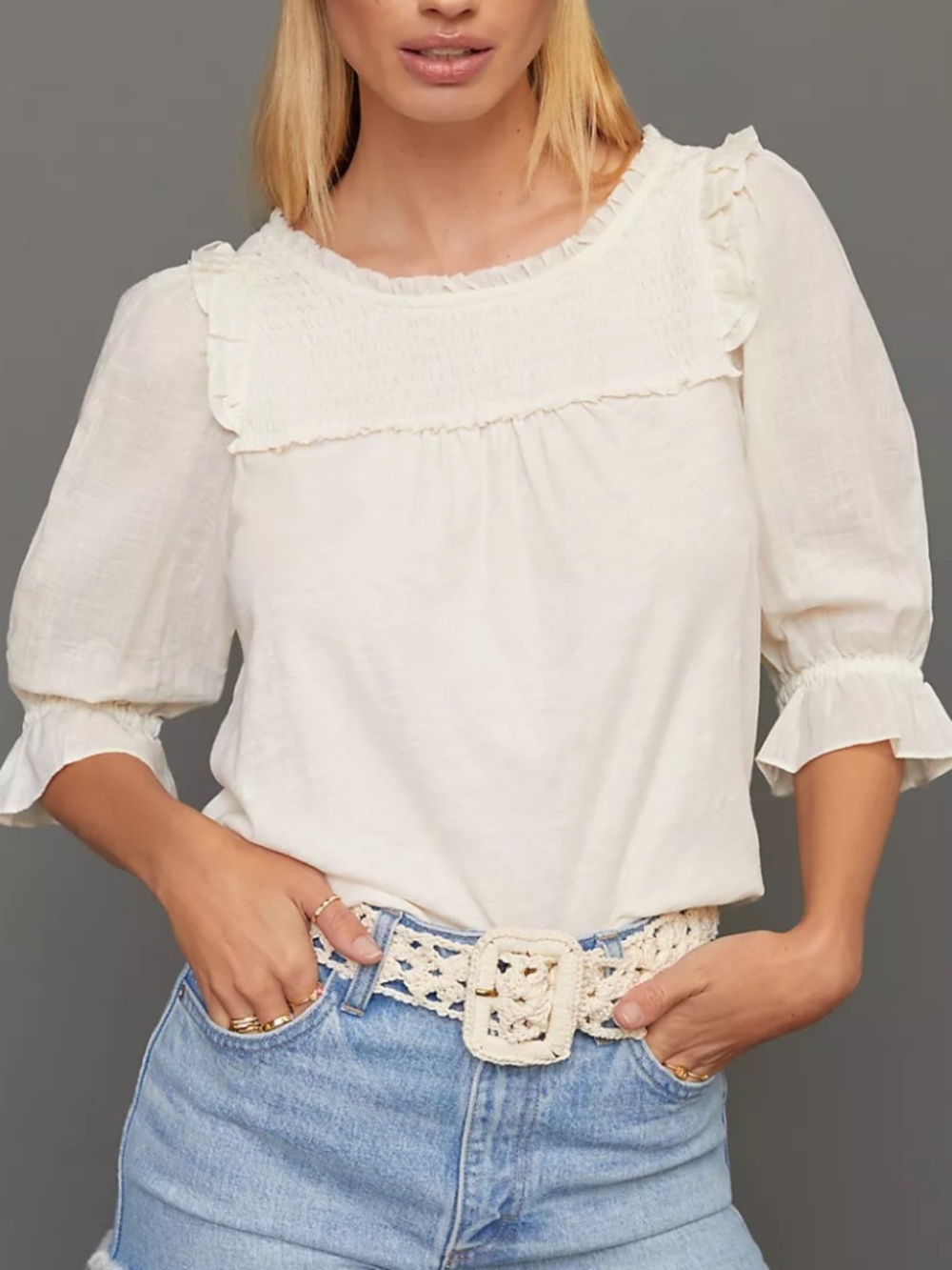 Anthropologie White Smocked Puff Sleeve Top
